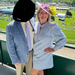 TUCKERNUCK Women's Mini Baby Blue and White Floral dress with sleeves